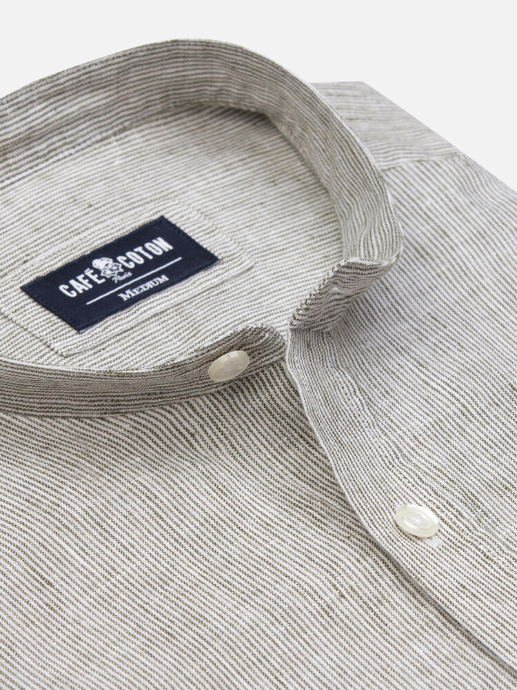 Ted colarless linen shirt in khaki stripes