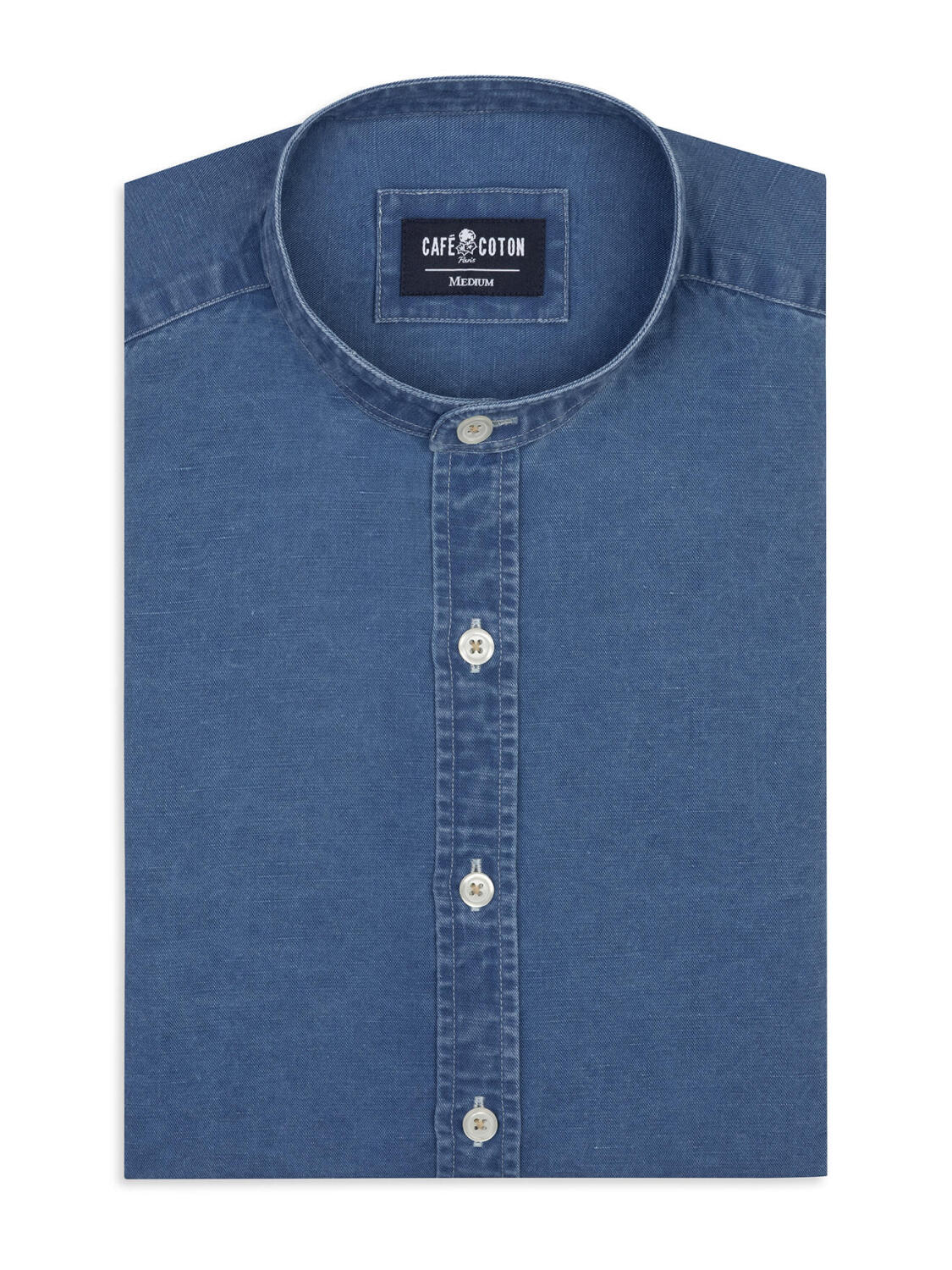 Chemise col mao Tim en lin indigo