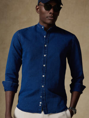 Chemise col mao Tim en lin dark indigo