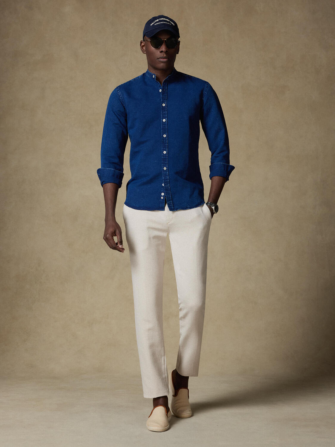 Tim dark indigo mandarin collar linen shirt