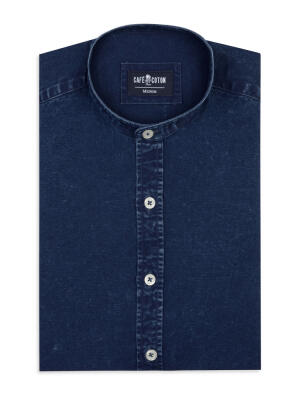 Chemise col mao Tim en lin dark indigo