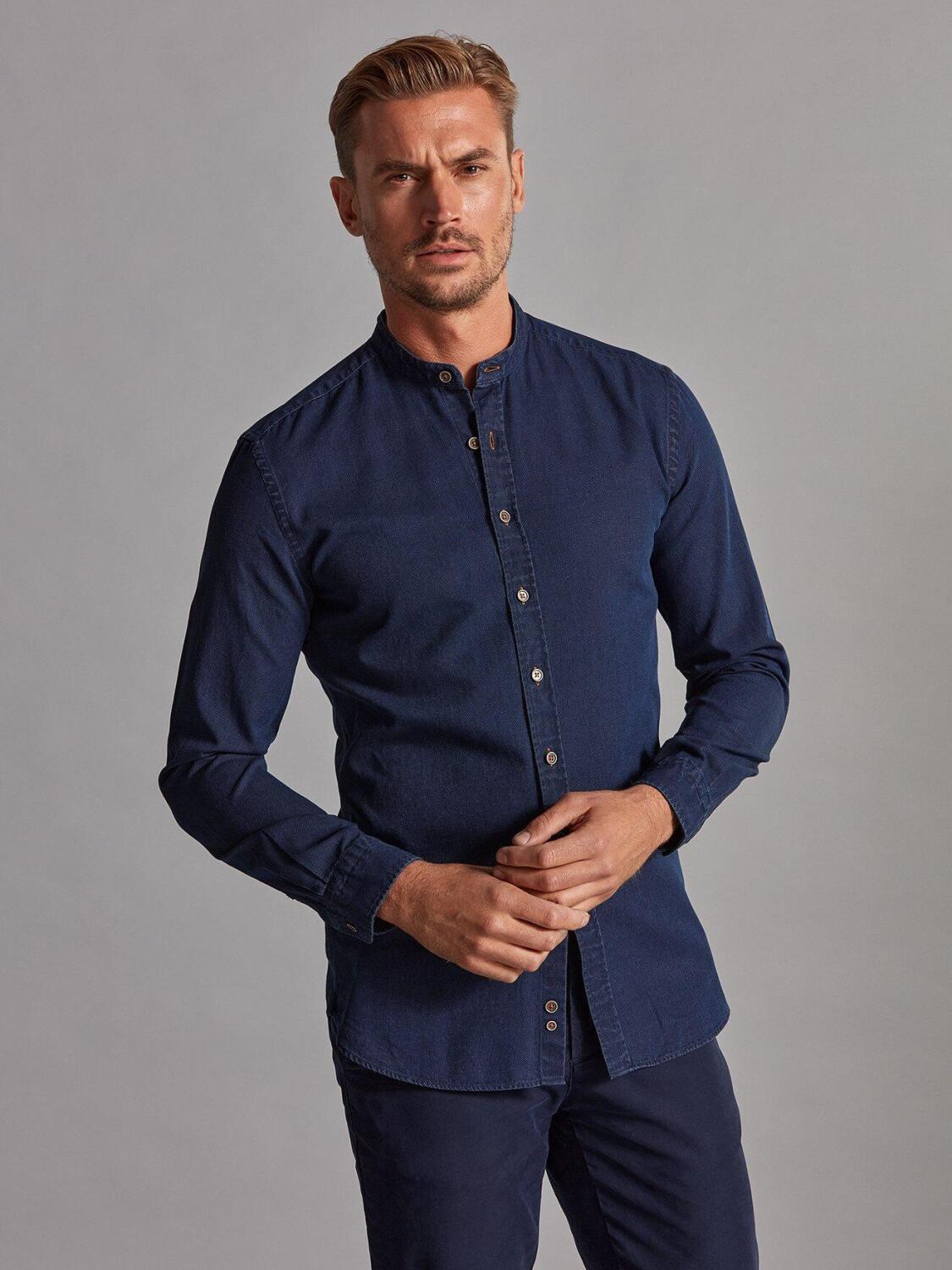 Chemise Windsor en denim &agrave; effet oxford - Col Mao