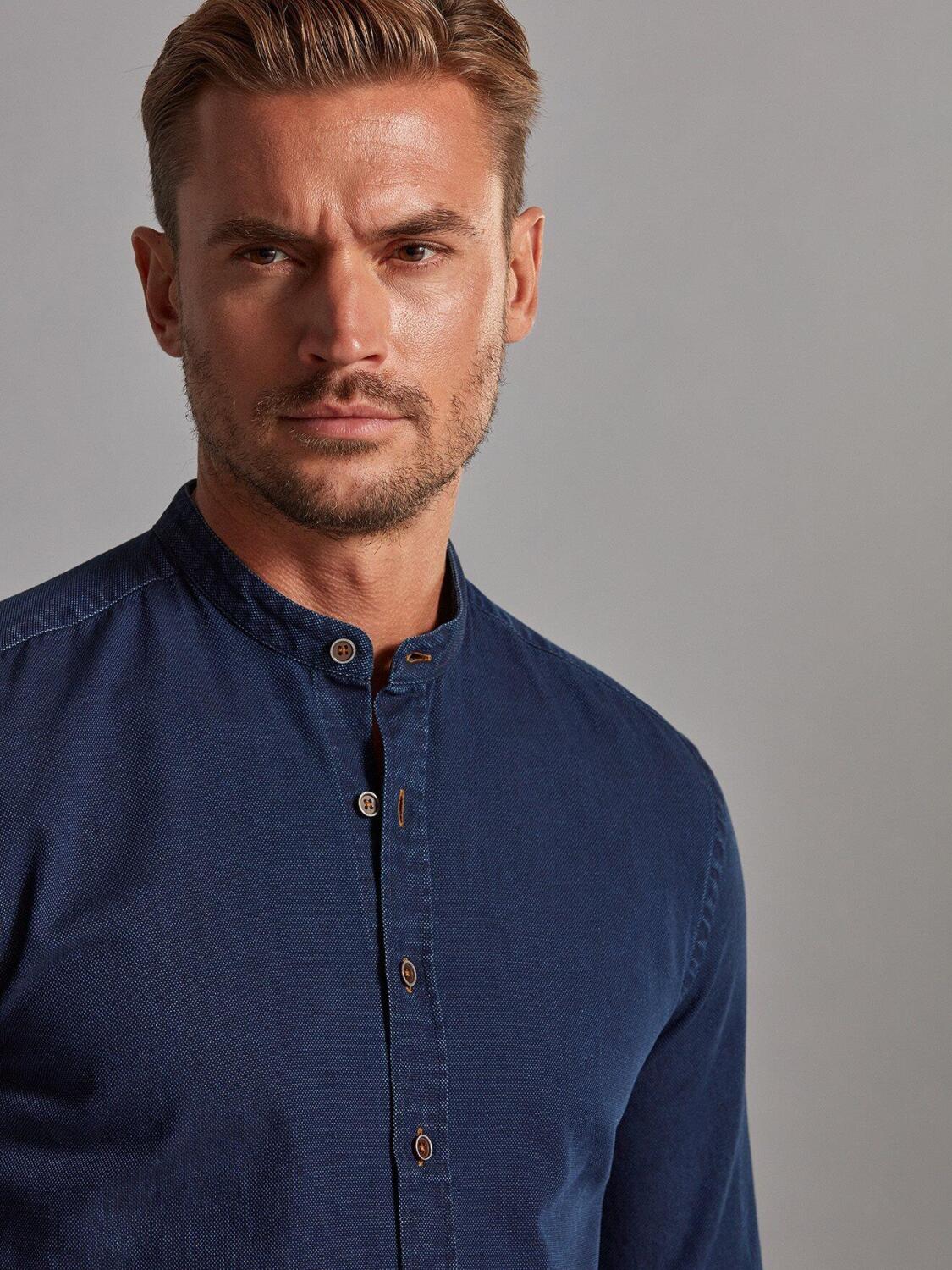 Chemise Windsor en denim &agrave; effet oxford - Col Mao