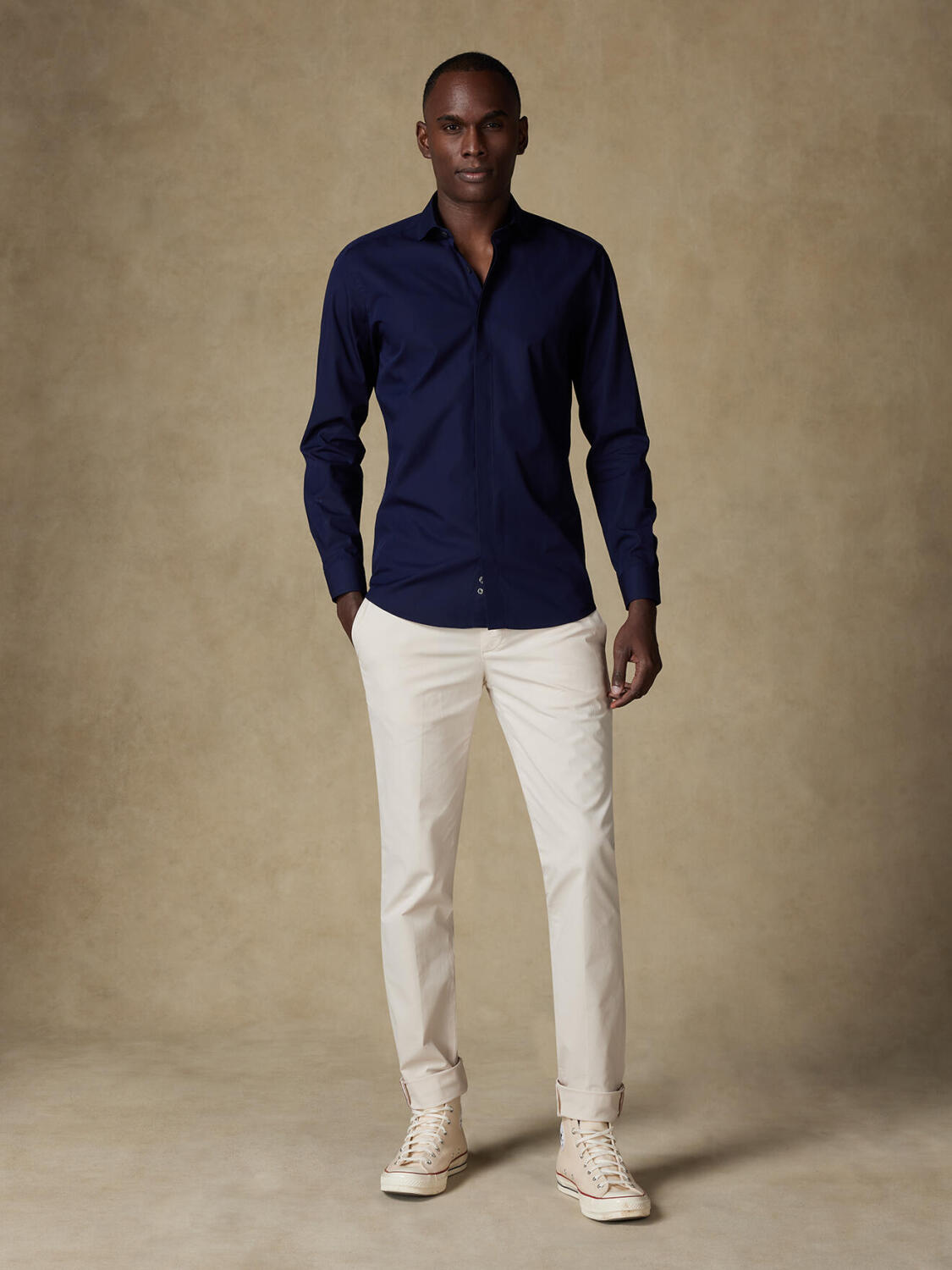 Poplin shirt with hidden throat - Navy