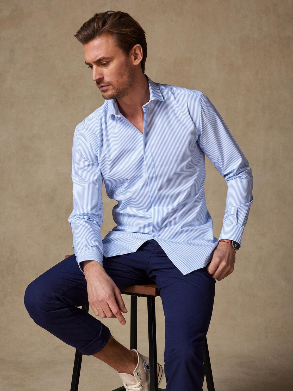 Barney sky blue stripe slim fit shirt  - Hidden Placket