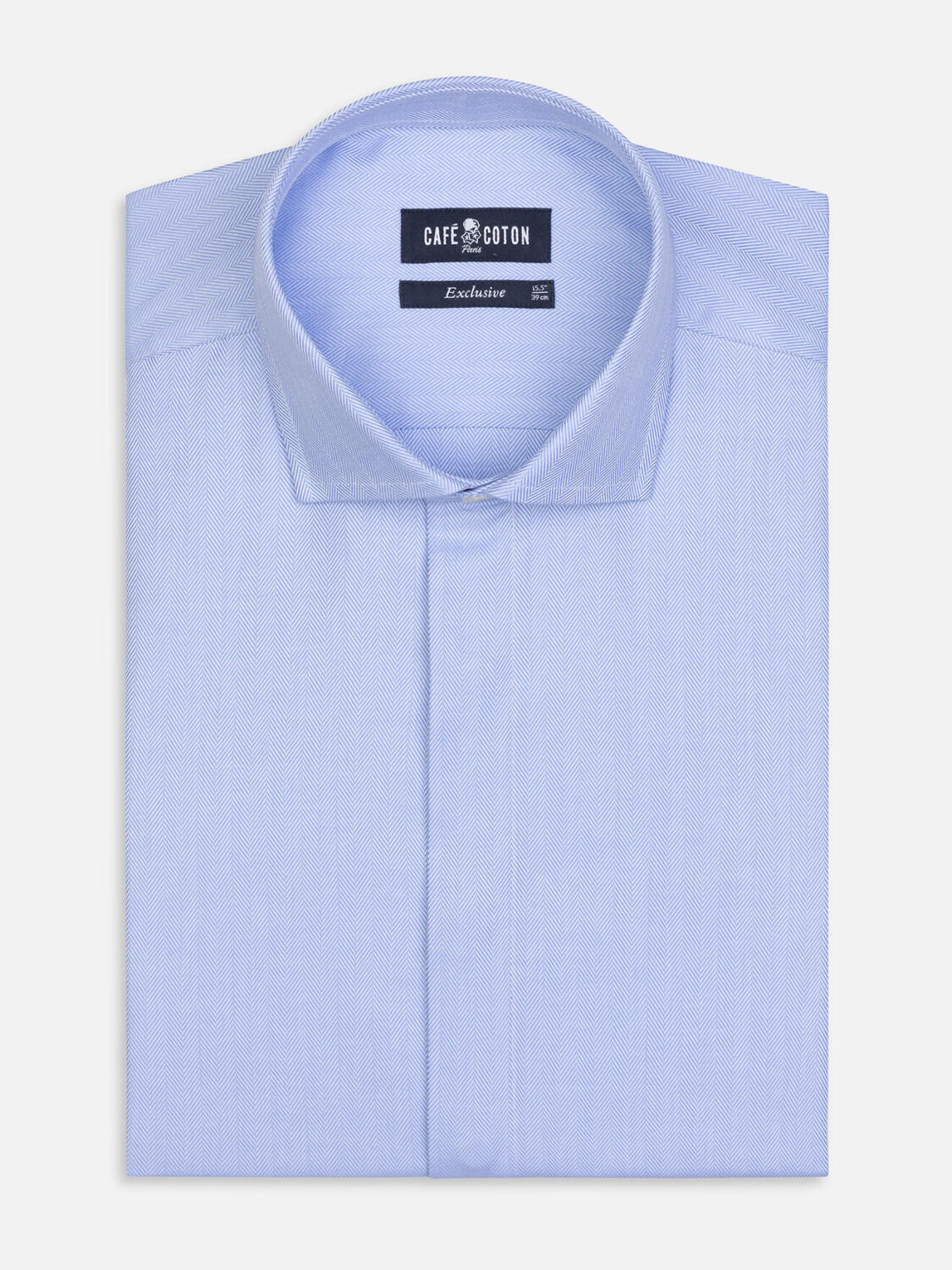 Tailliertes Hemd mit himmelblauem Fischgrätmuster - Verdeckte Knopfleiste