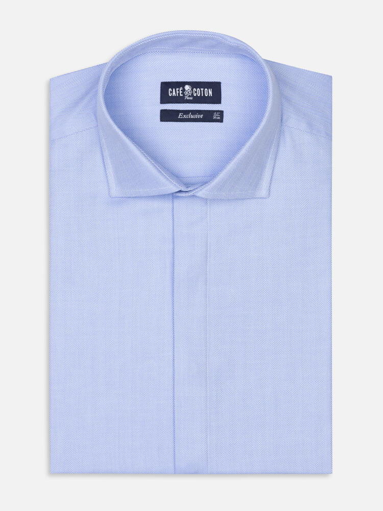 Herringbone slim fit shirt - Blue sky - Hidden Placket