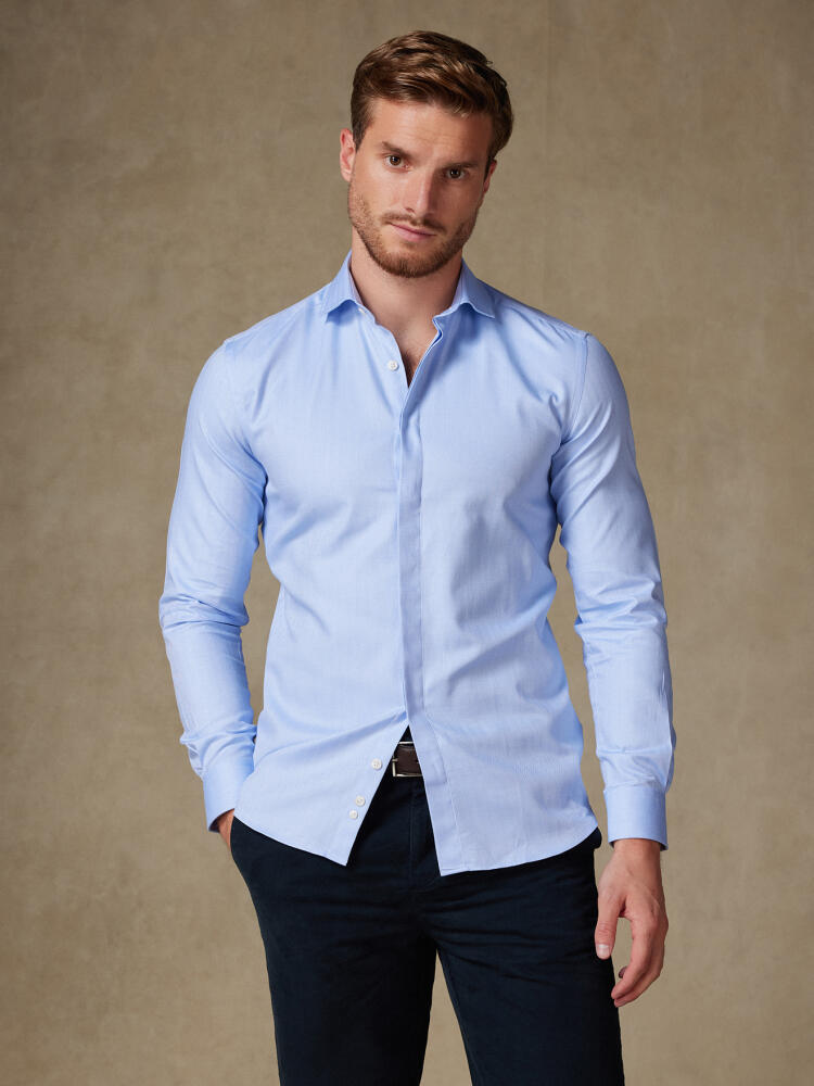 Herringbone slim fit shirt - Blue sky - Hidden Placket