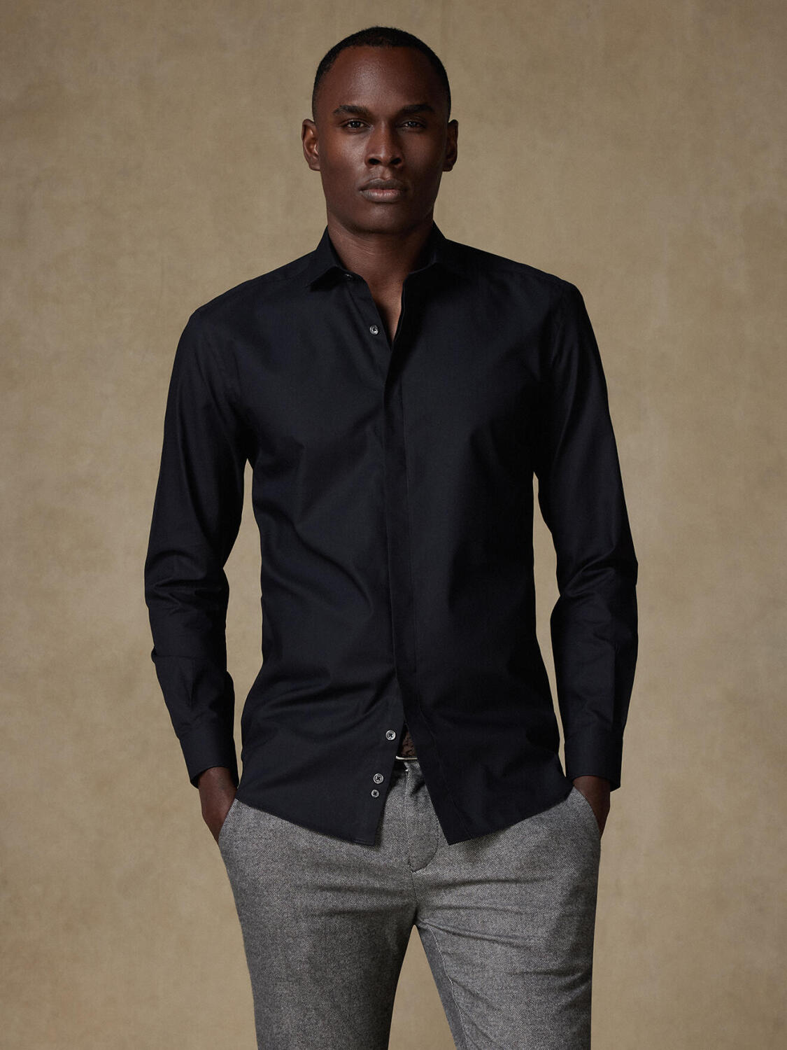 Ellis schwarz mikro-oxford Hemd - Slim Fit - Verdeckter Knopfleiste