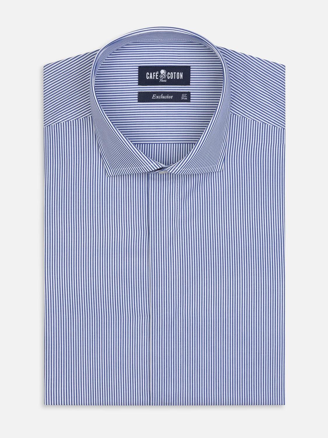 Camicia slim Menthon a righe blu scuro - Abbottonatura nascosta