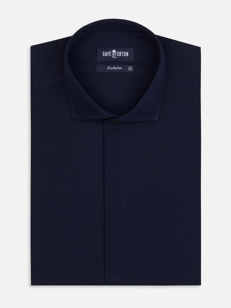 Poplin slim fit shirt with hidden throat - Navy