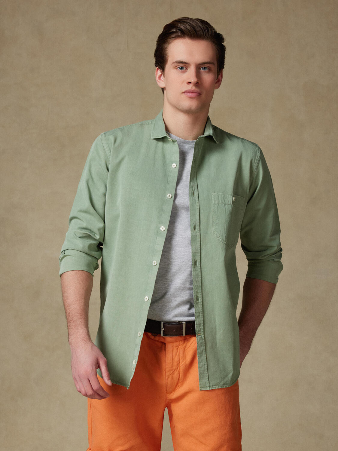 Garry-overhemd van katoen-lyocell celadon