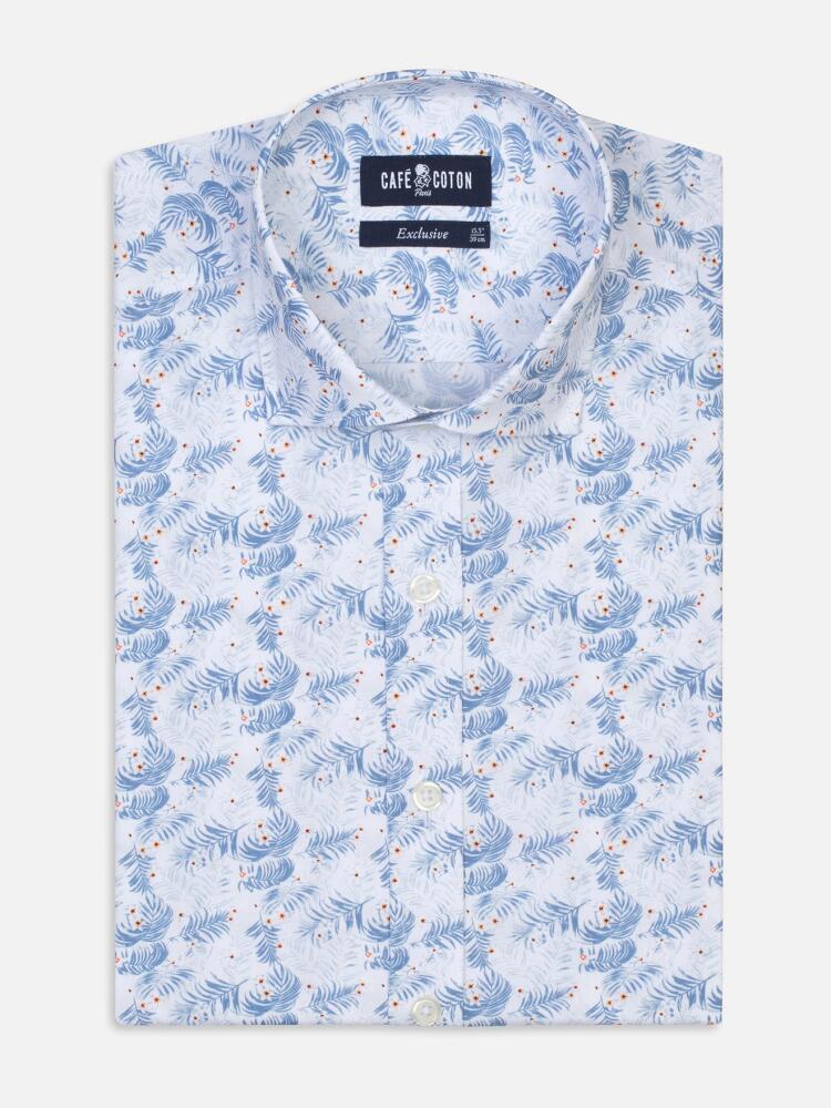 White tropical floral blue sky printed poplin shirt