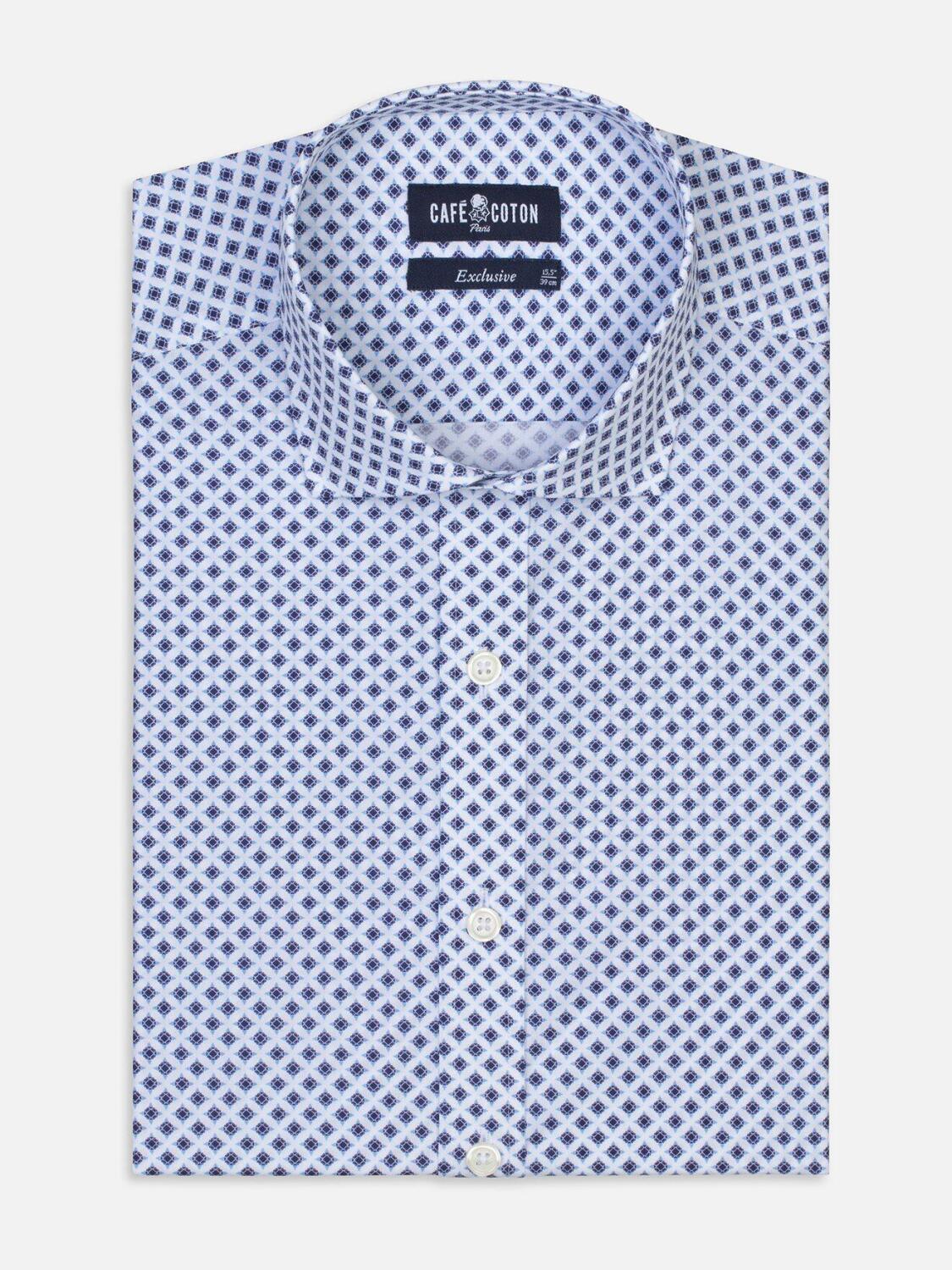 White cotton piqu&eacute; pints geometric navy and blue sky shirt