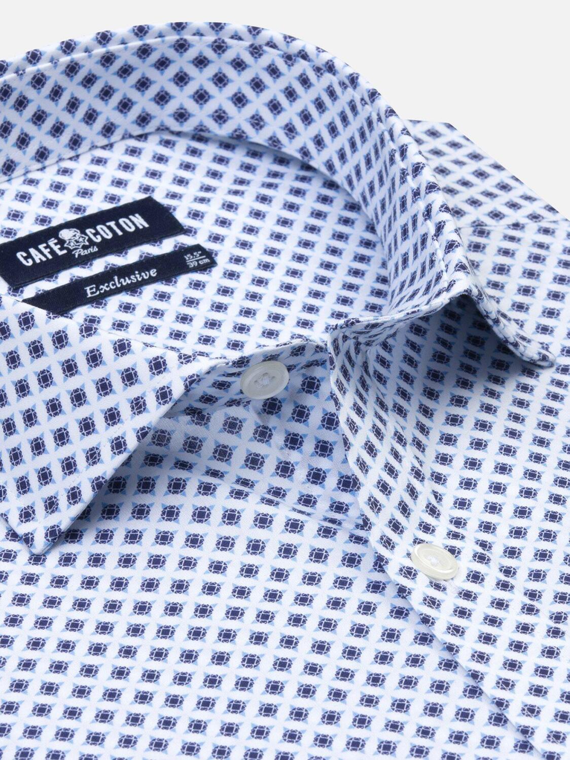 White cotton piqu&eacute; pints geometric navy and blue sky shirt
