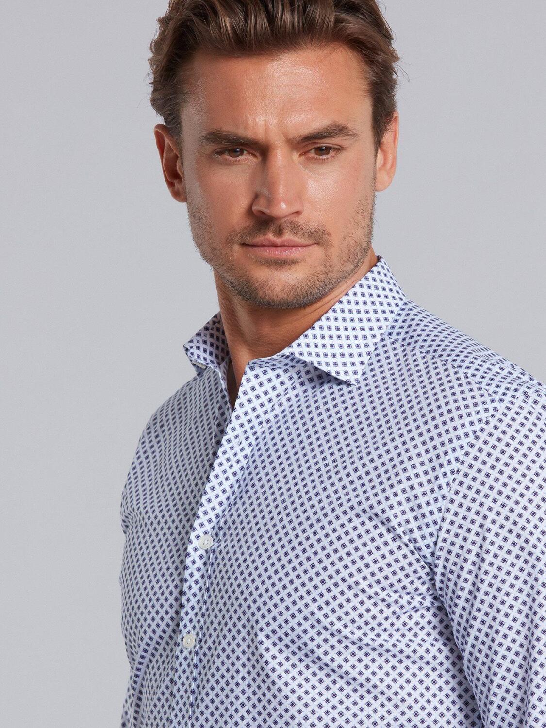 White cotton piqu&eacute; pints geometric navy and blue sky shirt