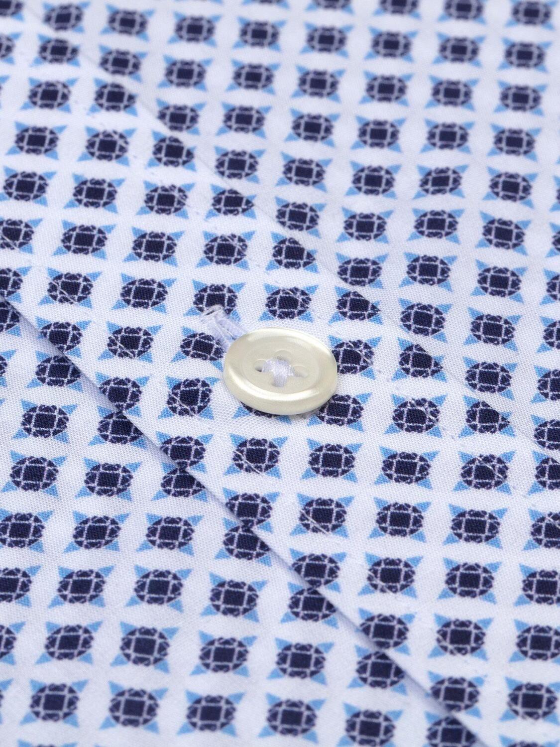 White cotton piqu&eacute; pints geometric navy and blue sky shirt