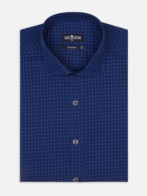 Chemise cintr&eacute;e Clyde marine &agrave; carreaux ciel