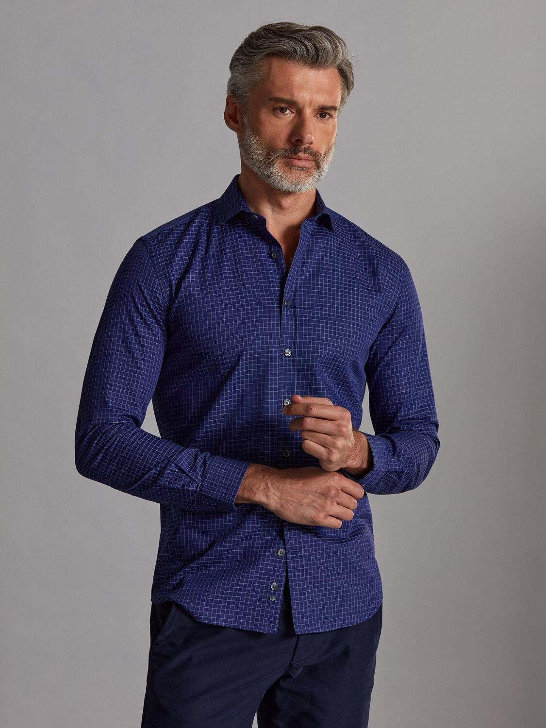 Chemise cintr&eacute;e Clyde marine &agrave; carreaux ciel