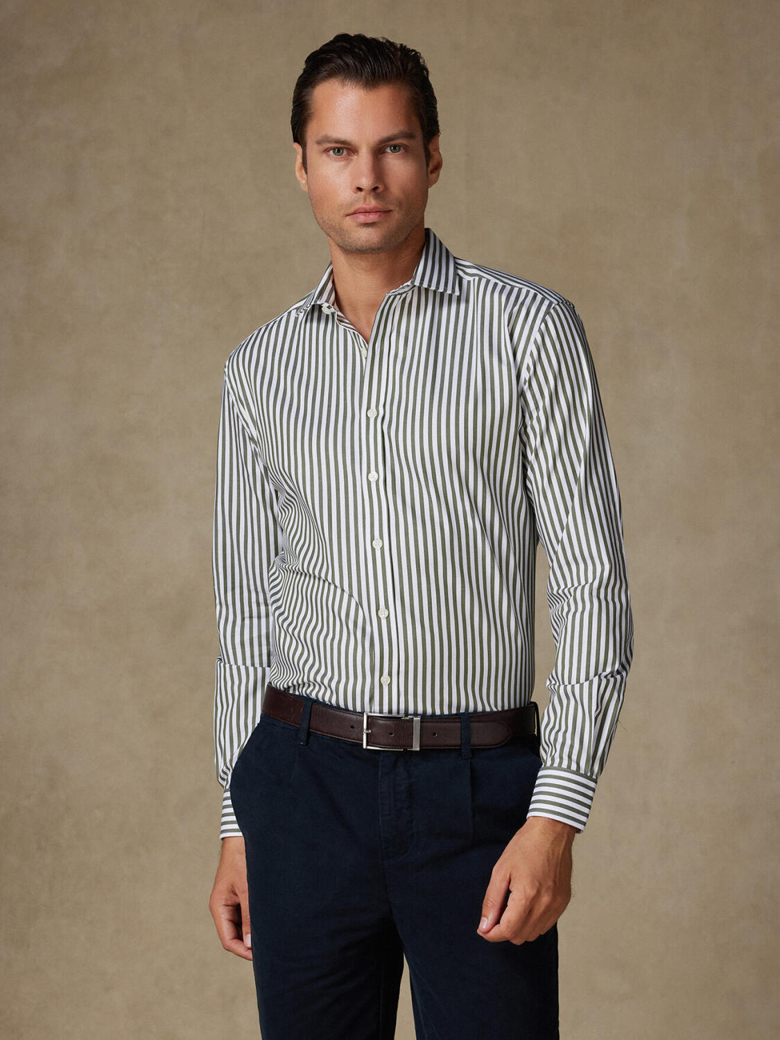 Dale kaki gestreept slim fit overhemd