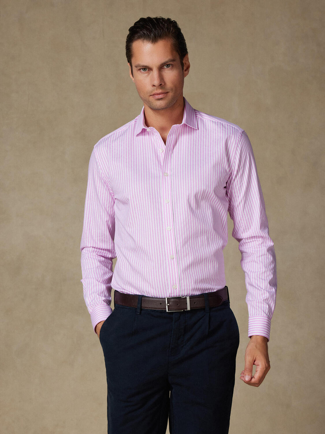Elton roze gestreept slim fit overhemd