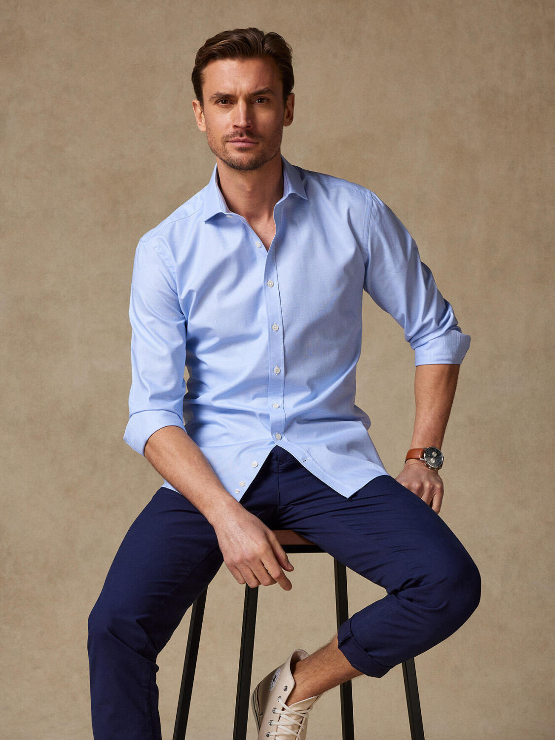 Chemise cintrée Gaby en micro pied de poule ciel