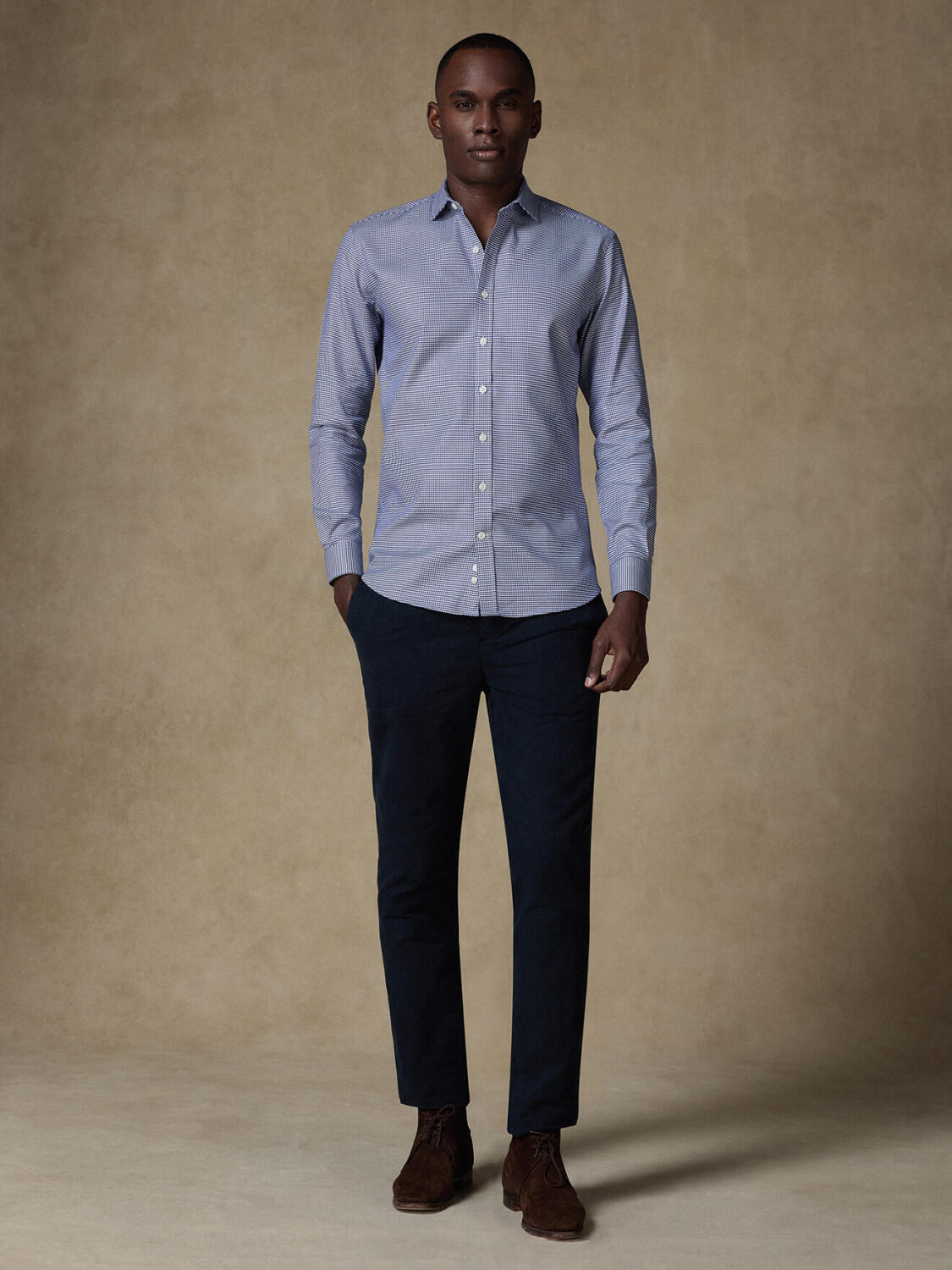 Chemise cintr&eacute;e Bud en twill marine - Grande longueur de manche