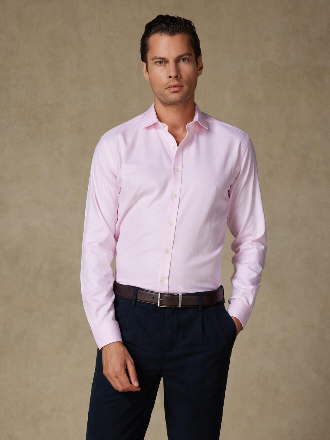 Camisa slim fit rosa de espiga - Manga Larga