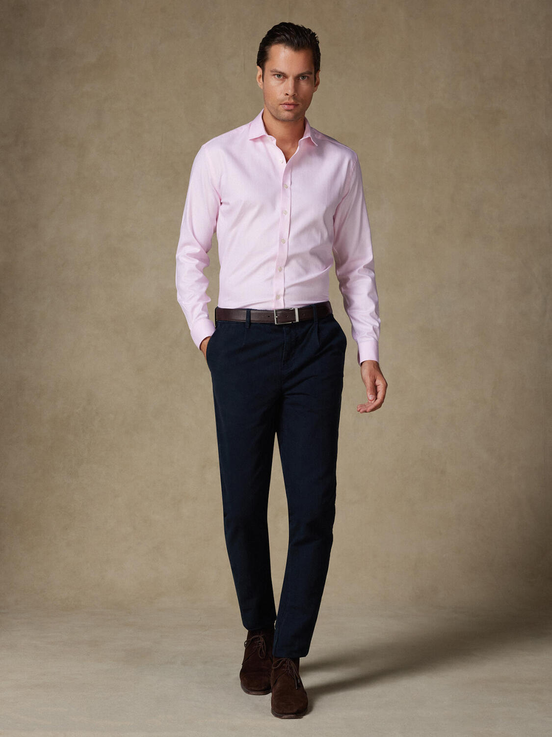Camisa slim fit rosa de espiga - Manga Larga