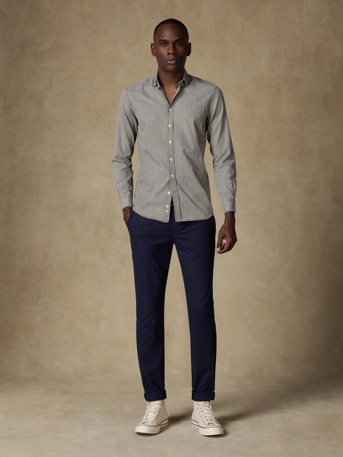 Chemise cintr&eacute;e Darcy en denim gr&egrave;ge  - Grande longueur de manches