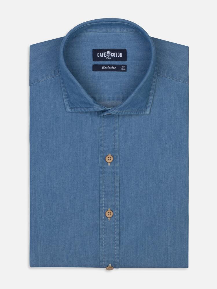 Chemise cintrée en denim bleu  - Grande Longueur de Manches