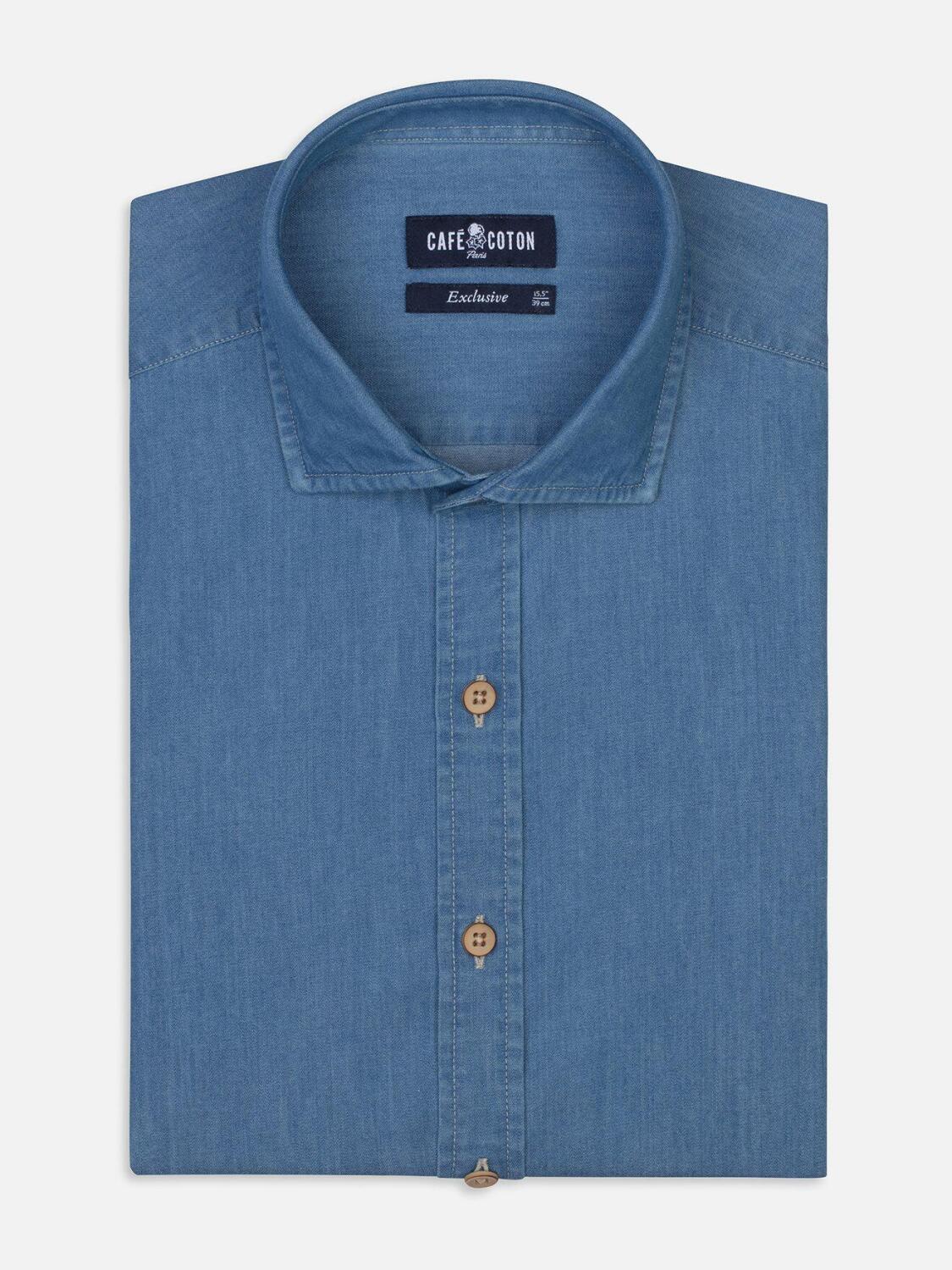 Chemise cintr&eacute;e en denim bleu  - Grande Longueur de Manches