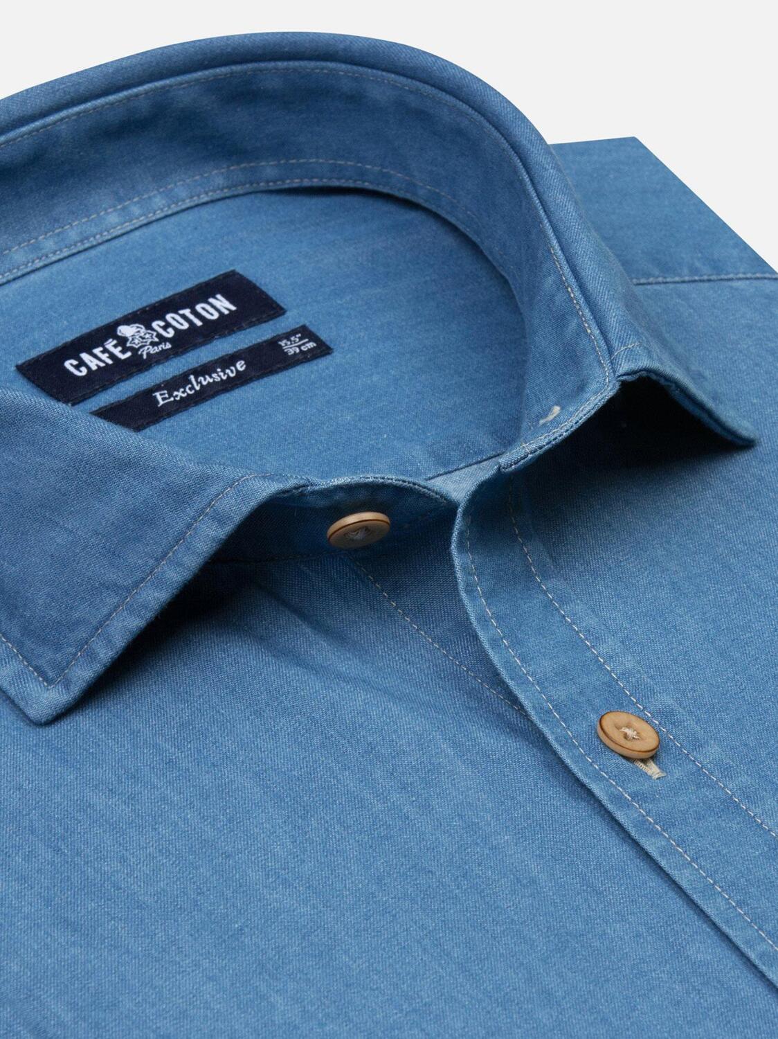 Chemise cintr&eacute;e en denim bleu  - Grande Longueur de Manches