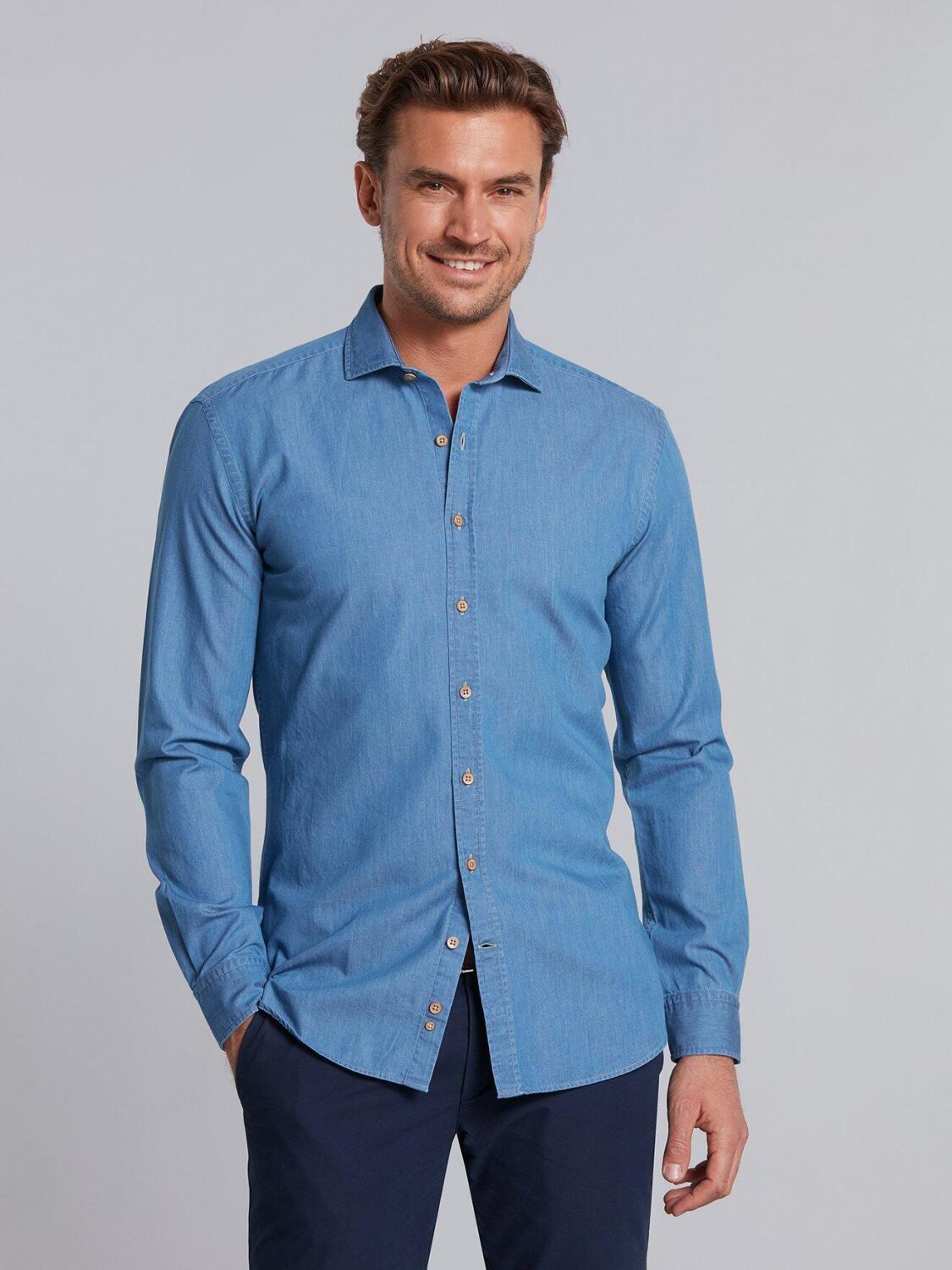 Chemise cintr&eacute;e en denim bleu  - Grande Longueur de Manches