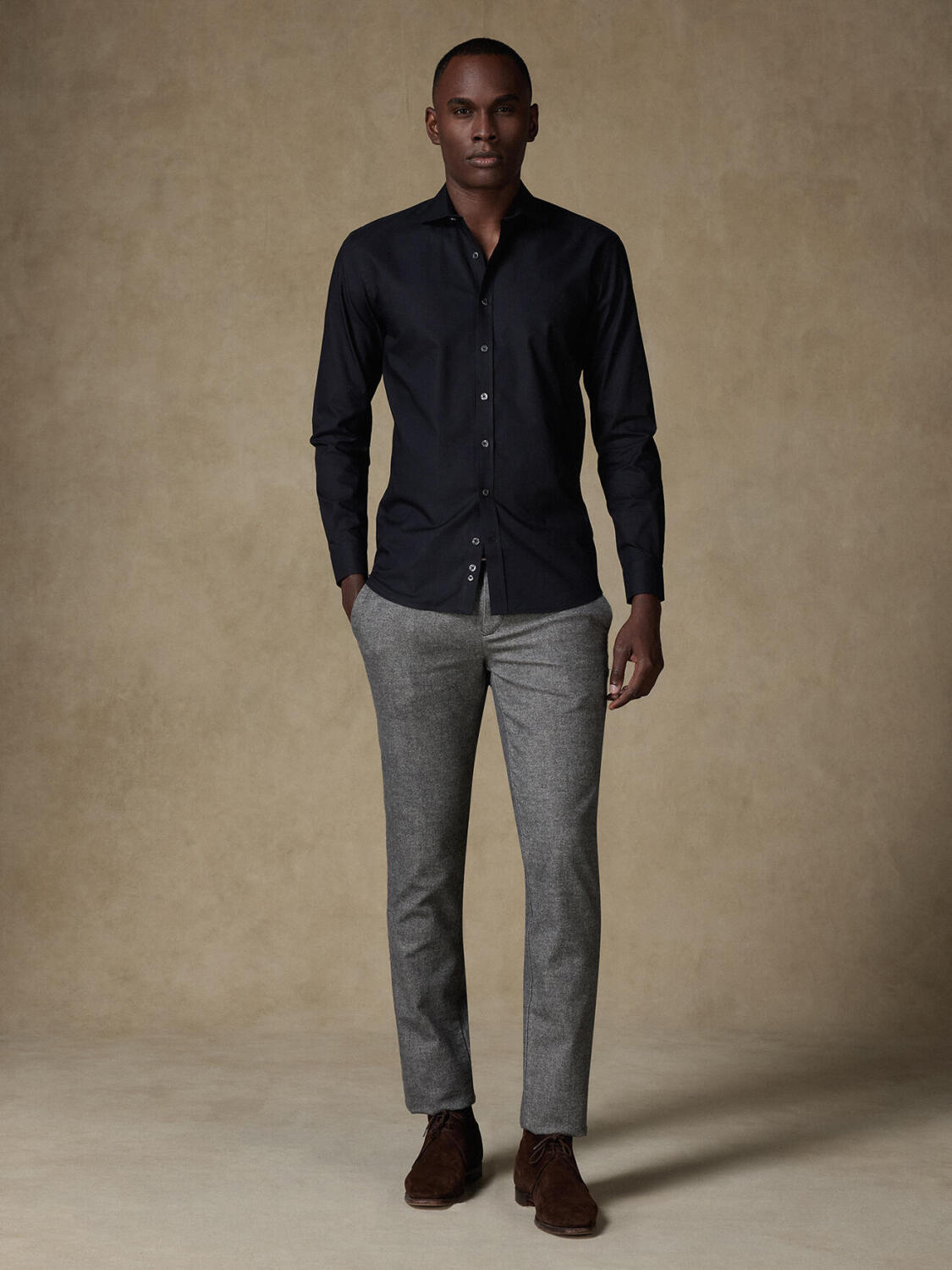 Chemise cintr&eacute;e Ellis en micro-oxford noir - Grande longueur de manche