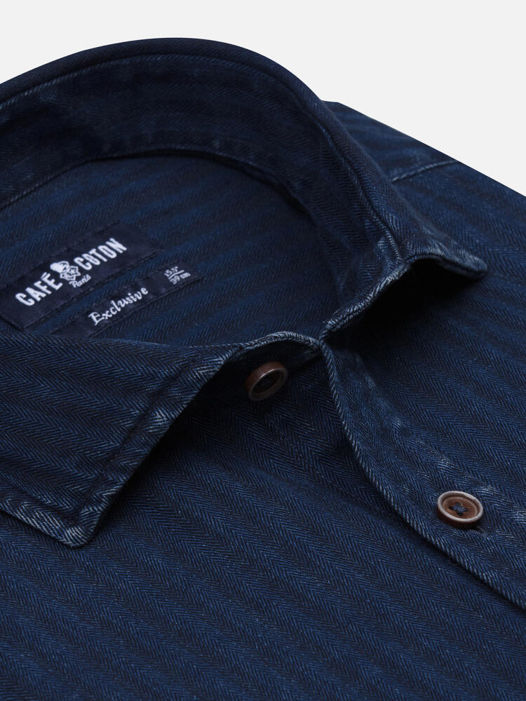 Finn indigo herringbone slim fit shirt - Extra long sleeves