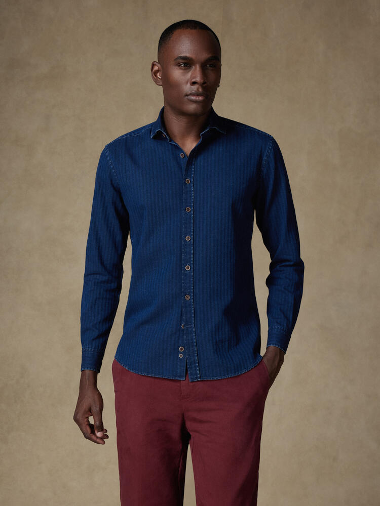 Finn indigo herringbone slim fit shirt - Extra long sleeves