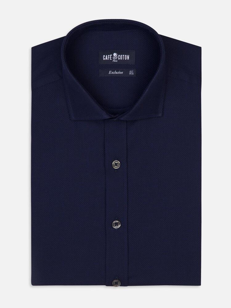 Leo navy blue textured slim fit shirt - Extra long sleeves