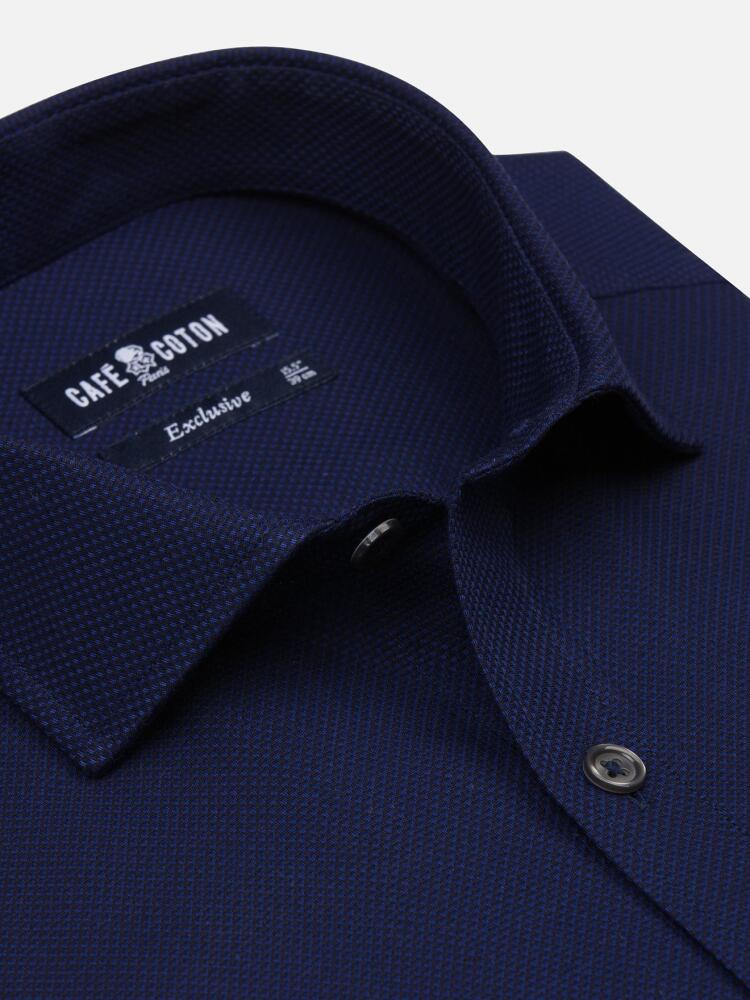 Leo navy blue textured slim fit shirt - Extra long sleeves