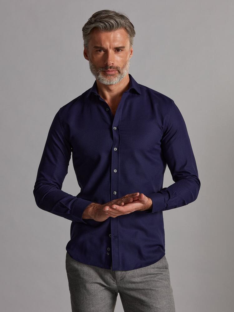 Leo navy blue textured slim fit shirt - Extra long sleeves