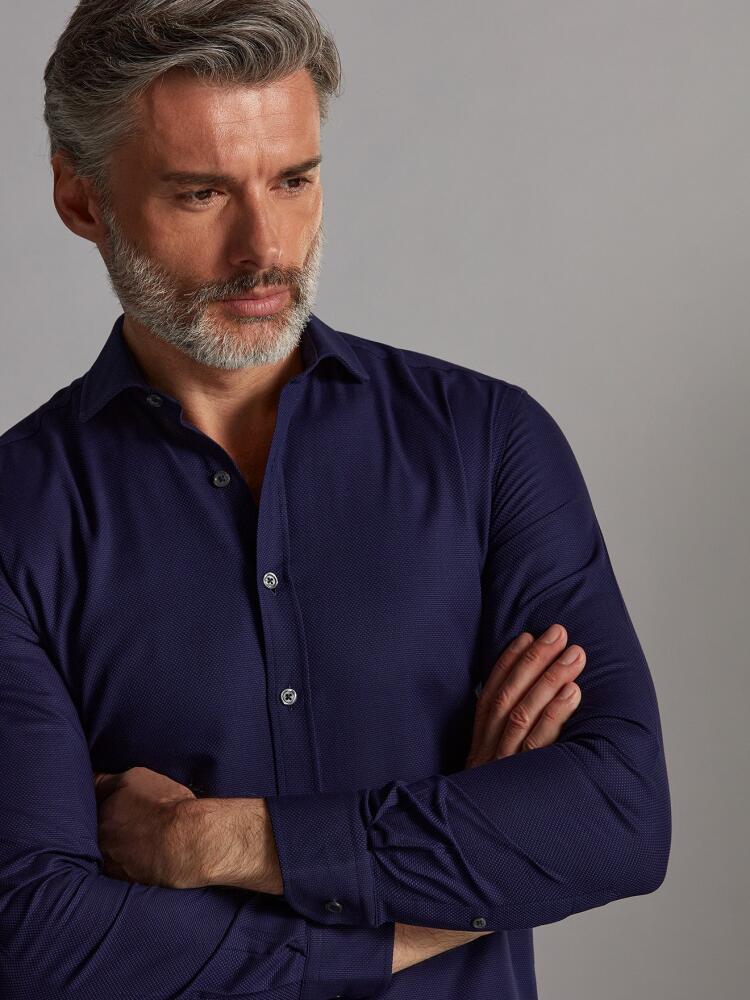 Leo navy blue textured slim fit shirt - Extra long sleeves