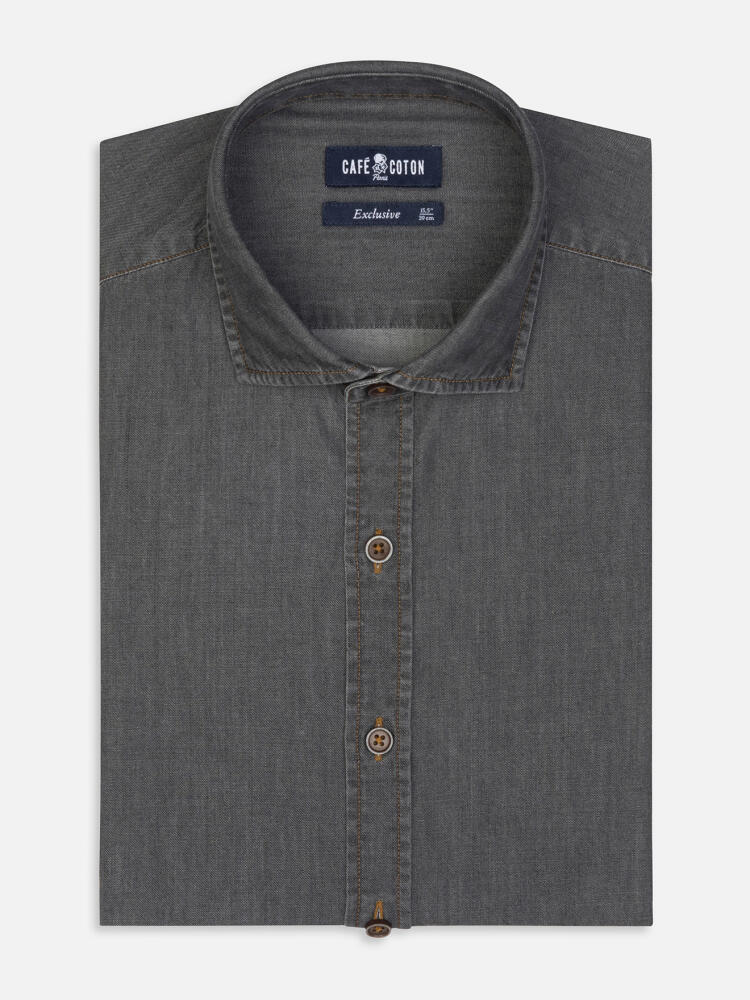 Lou Camicia slim fit in denim grigio  - Manica Lunga