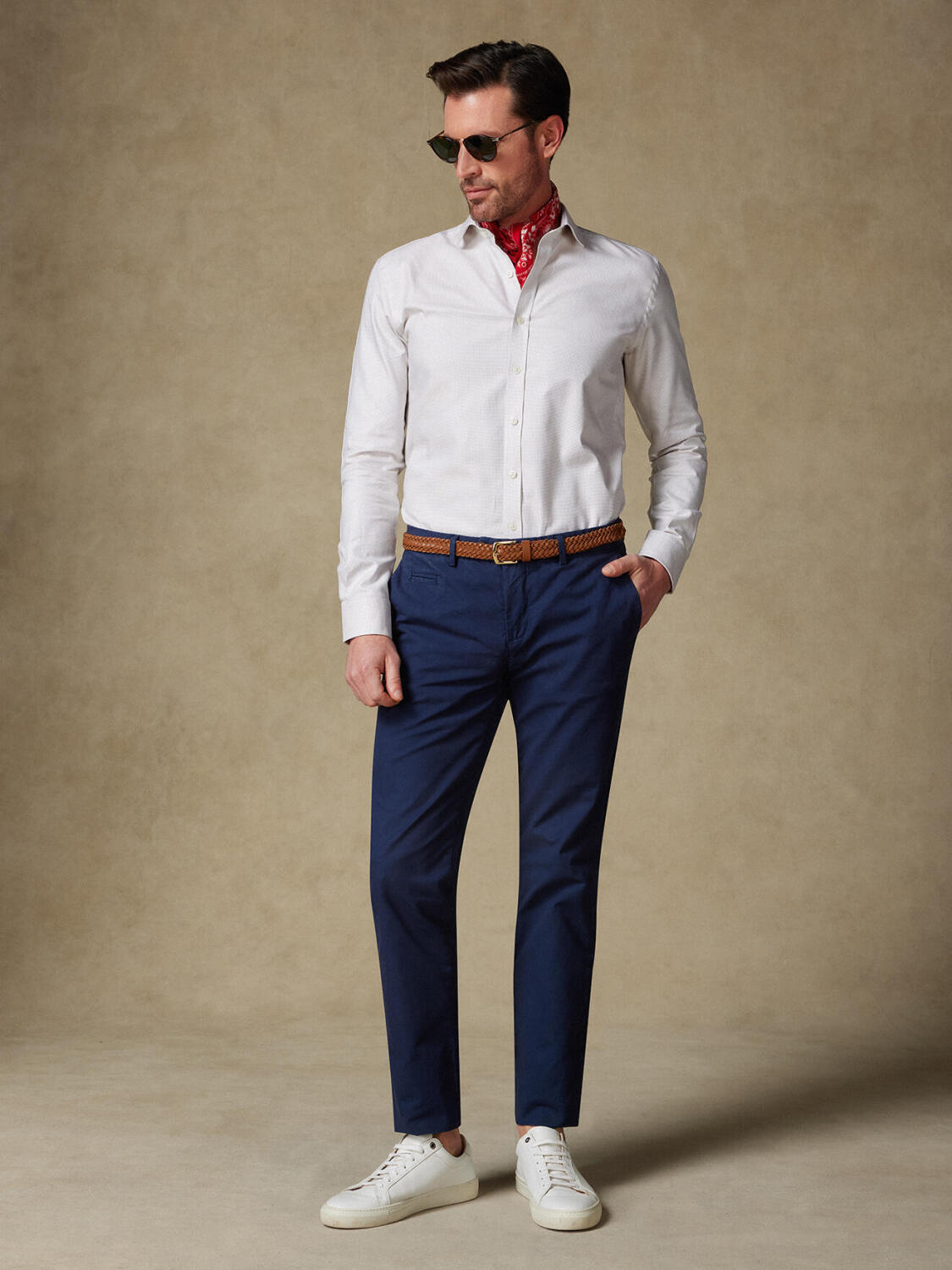 Overhemd slim in basketweave zandkleur - Extra lange mouwlengte