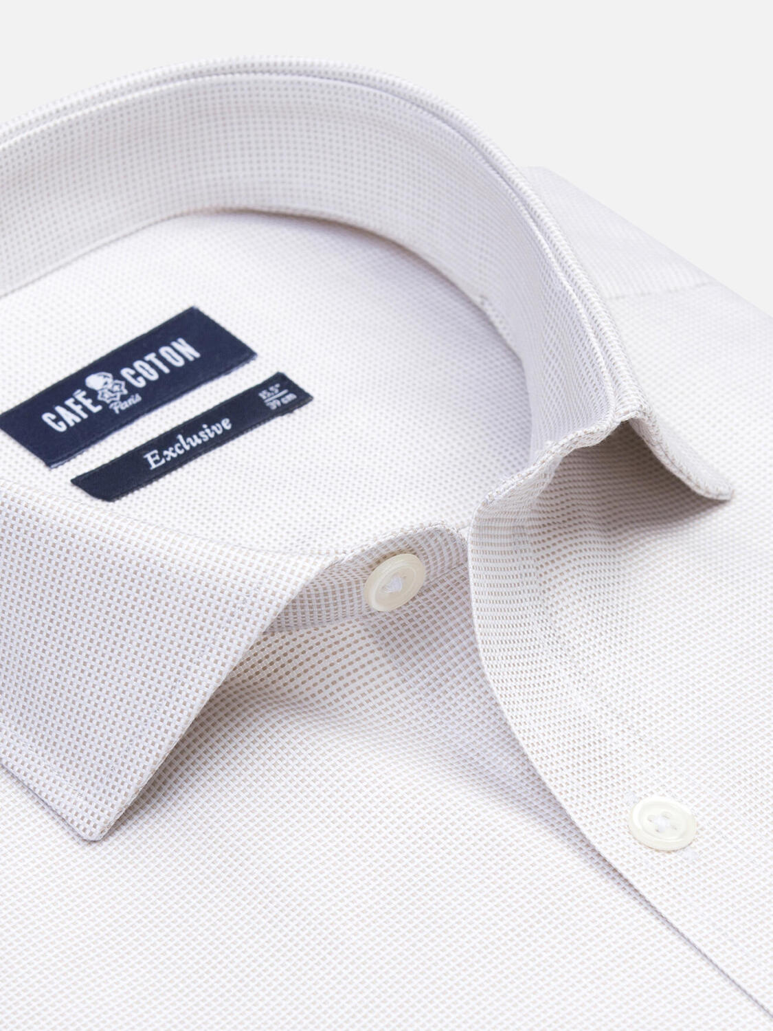 Overhemd slim in basketweave zandkleur - Extra lange mouwlengte