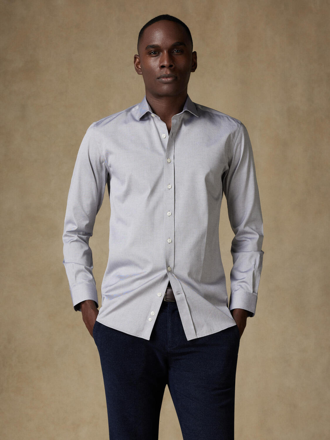 Chemise cintrée en pin point grise - Grande Longueur de Manches