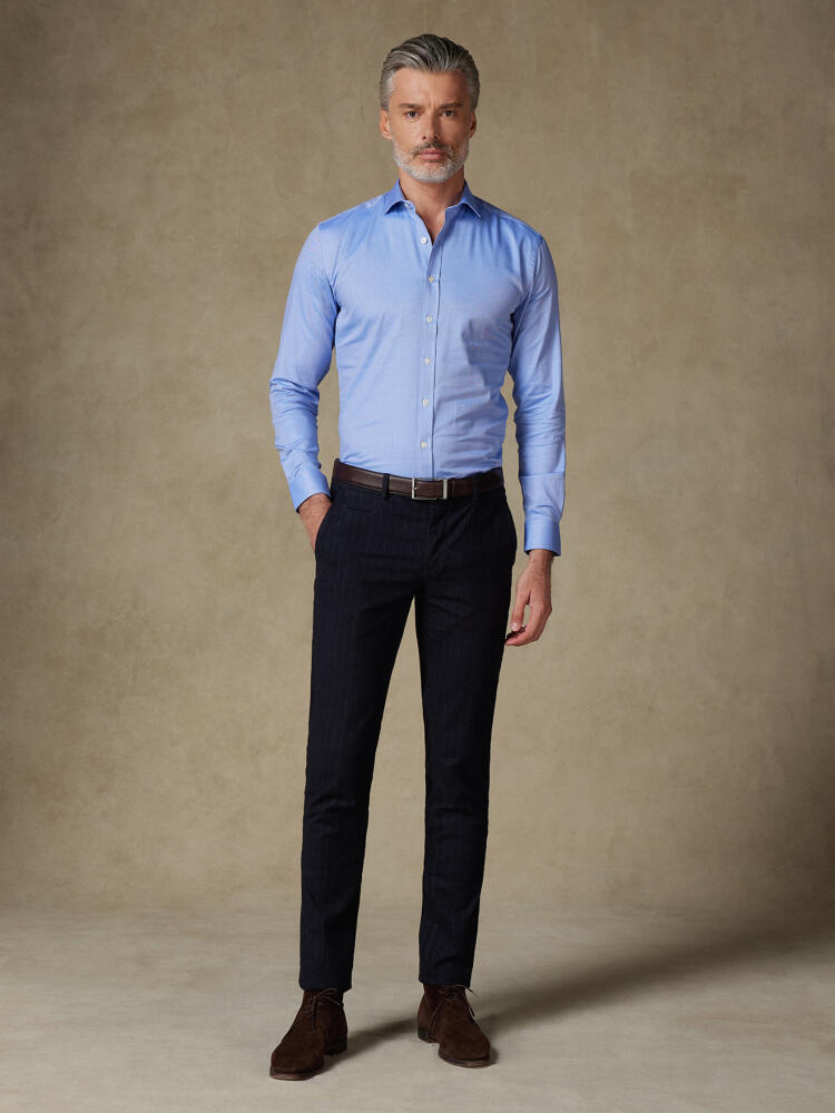 Blauw keperstof slim fit overhemd - Extra lange mouwen