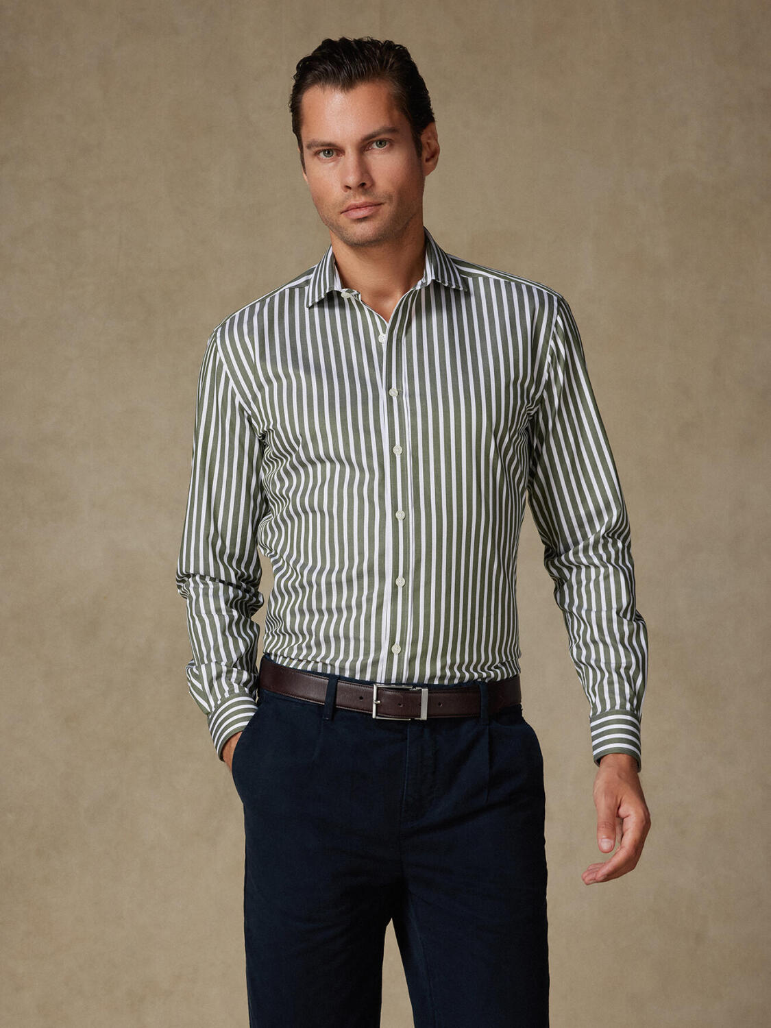 Camicia slim fit Herb a righe kaki