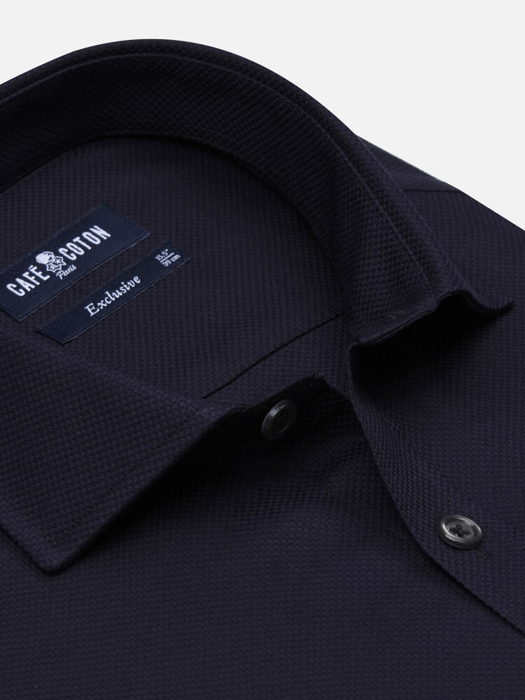 Leelan navy textured slim fit shirt