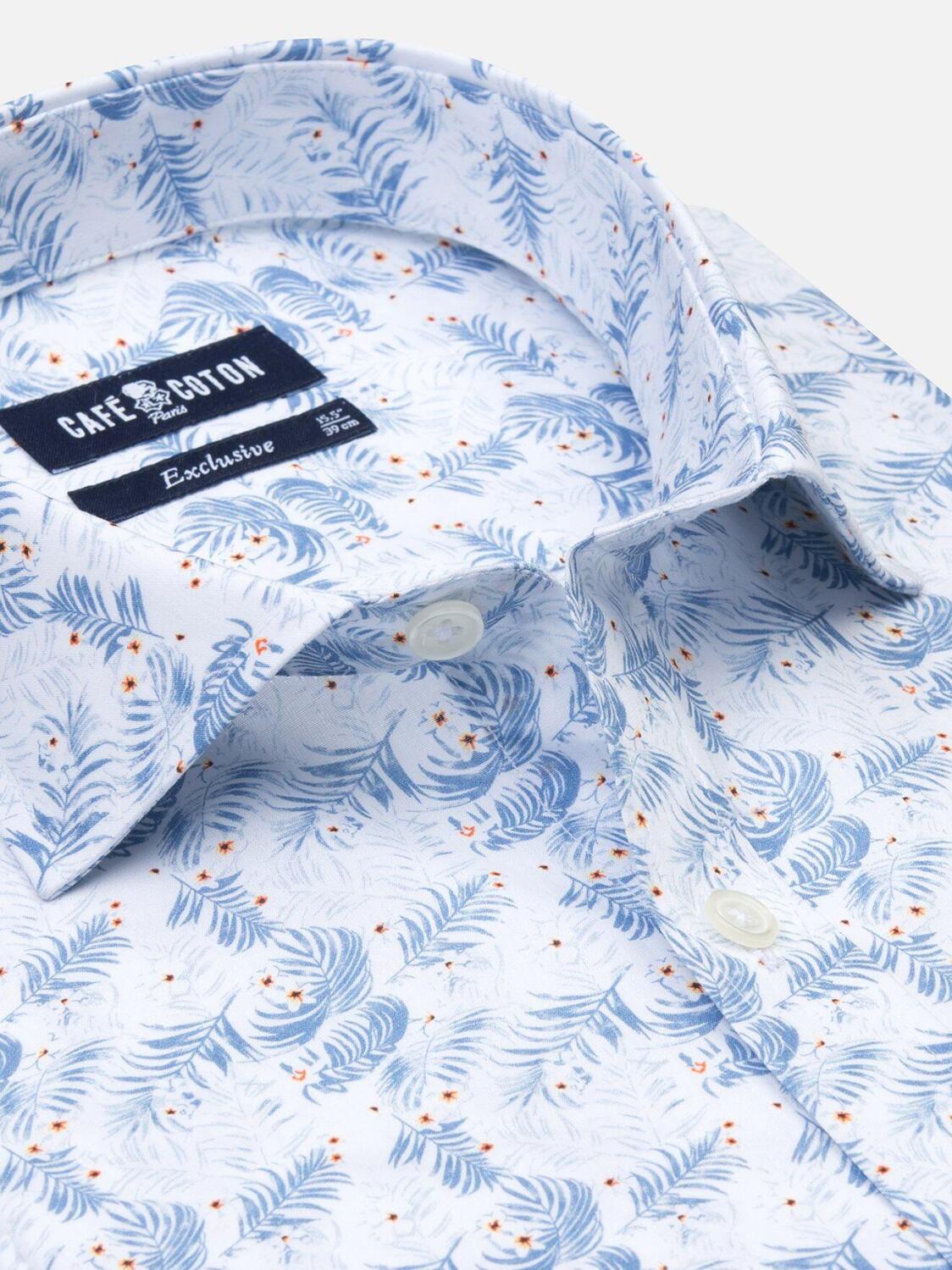 White tropical floral blue sky printed poplin slim fit shirt