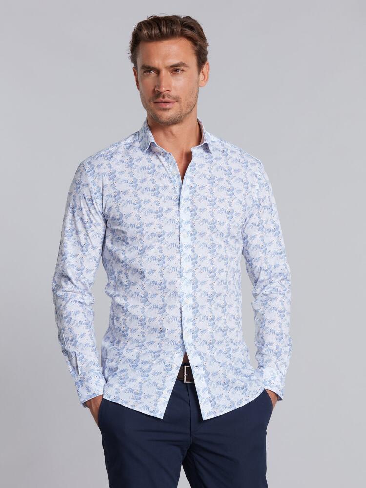 White tropical floral blue sky printed poplin slim fit shirt